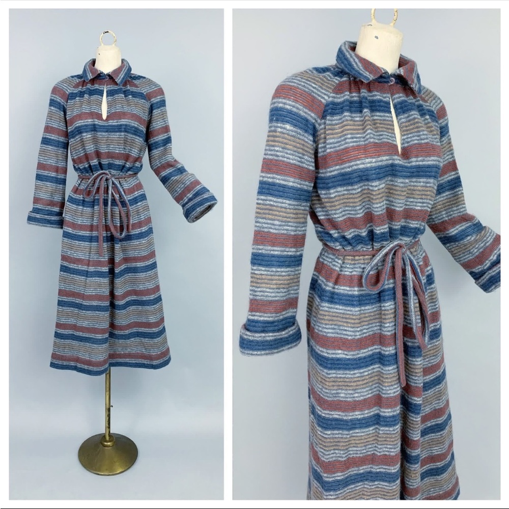 VTG Missoni 70s 80s wool stripe collared maxi dress 42 medium POCKETS - Picture 1 of 16